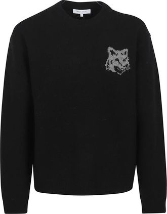 Maison Kitsun&eacute; Fox Head Intarsia Merino Jumper - Heren - Ronde hals truien - Zwart - M - Wol - Truien & Vesten