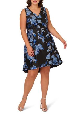 Adrianna Papell Metallic Floral High-Low Cocktail Dress in Blue/Black Multi at Nordstrom, Size 16W