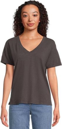 Mod-o-doc Short Sleeve V-Neck Boxy T-Shirts Womens Clothing Washed Ebony : LG (US 12-14), Cotton