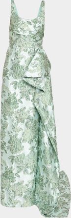 Pamella Roland Sleeveless Metallic Floral Jacquard Draped Column Gown