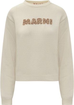 Marni Wollen trui met lasergesneden logo - Dames - Ronde hals truien - Wit - M - Wol - Truien & Vesten