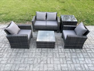 Fimous Outdoor Lounge Sofa Set Wicker PE Rattan Garden Furniture Set with Armchair Squar Coffee Table Double Seat Sofa in Dark Grey