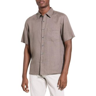 Theory Irving Solid Short Sleeve Linen Button-Up Shirt in Morel at Nordstrom, Size Xx-Large