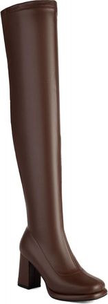 Generic Womens Round Toe Thigh High Boots PU Leather Over The Knee Boots with Side Zipper Chunky High Heel Platform Shoes,Brown,7.5 UK