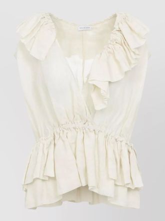 Dries Van Noten ramie v-neck ruffled sleeveless asymmetric blouse
