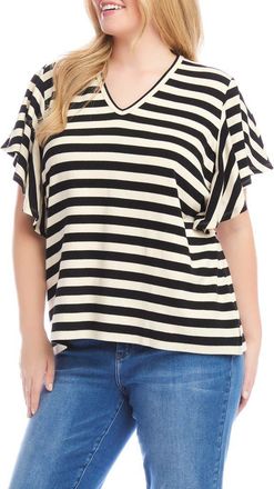 Karen Kane Stripe Flutter Sleeve Top in Black/Cream at Nordstrom, Size 2X