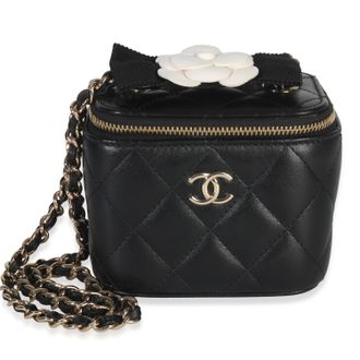 Chanel Quilted Black Lambskin Camelia Bow Chain Mini Vanity Case
