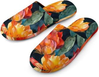 Generic Orange Cactus Flowers Watercolor Flannel Mens Slip-on Slippers Winter Warm House Shoes with Rubber Sole for Home Hotel