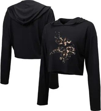 Majestic Threads Womens Majestic Threads Black Minnesota Vikings Leopard Cropped Pullover Hoodie at Nordstrom, Size Xx-Large