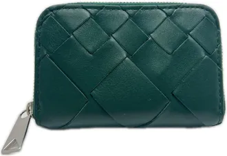 Bottega Veneta Intrecciato Green Leather Coin Purse/Coin Case (Pre-Owned)
