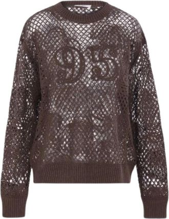 Max Mara Bruine Crewneck Sweater met Borduurwerk - Dames - Ronde hals truien - Bruin - S - Katoen - Truien & Vesten