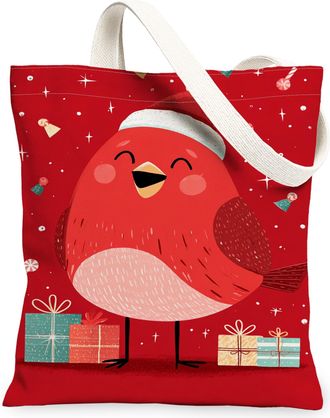 Generic Christmas Bird Canvas Tote Bags, Cute Holiday Design Reusable Shopping Bags, Festive Lightweight Washable Shoulder Strap Ca, Red, 13x15 Inch
