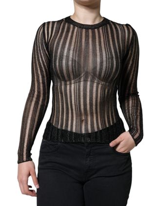Dolce & Gabbana Womens Black Stripe See Through Long Sleeves Top Viscose Polyester Film Fiber