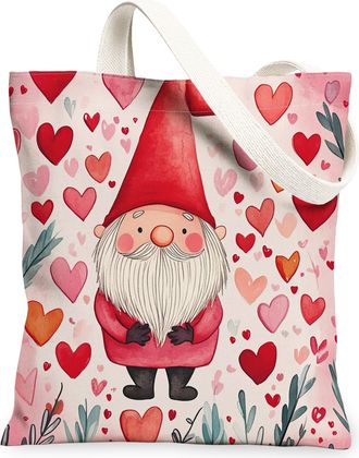 Generic Watercolor Valentines Day Gnome Canvas Tote Bag for Shopping 13x15, Fun Romantic Love Heart Reusable Grocery Print Pattern Bag for Women, Holiday Beac