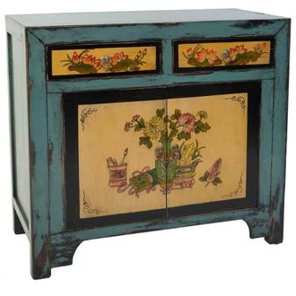 Wanderlust Deco Aparador de madera artesanal pintado a mano azul 90x40x87h cm