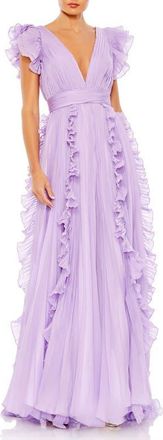 Mac Duggal Pleated Ruffle Cap Sleeve Flowy A Line Gown in Lilac at Nordstrom, Size 10