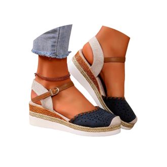 Generic Womens Closed Toe Espadrilles Sandals Summer Wide Fit Wedge Ankle Strap Sandal Non-slip Platform Shoes Comfortable Elegant Low Heels Walking Slippers 