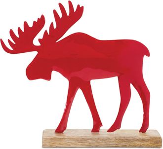 Melrose International Metal Moose Silhouette with Wood Base (Set of 2) - Red, Brown