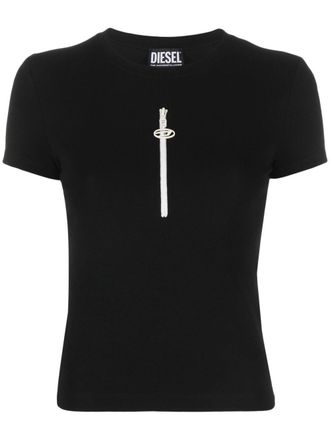 Diesel T-shirt girocollo con mezza zip - Nero