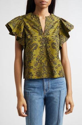 Ulla Johnson Severine Floral Cotton Flutter Sleeve Top in Olive Flora at Nordstrom, Size 10