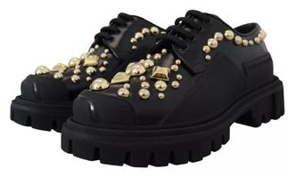 Dolce & Gabbana Womens Black Leather Trekking Derby Embellished Shoes