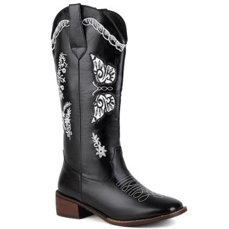 Generic Womens Square Toe PU Leather Long Boots Pull on Western Cowboy Boot with Embroidery Stitched Block Heel Mid-Calf Boots,Black,8.5 UK