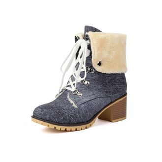 Generic Womens Lace Up Warm Winter Boots Round Toe Denim Short Boots Block High Heel Casual Booties,Grey,5.5 UK