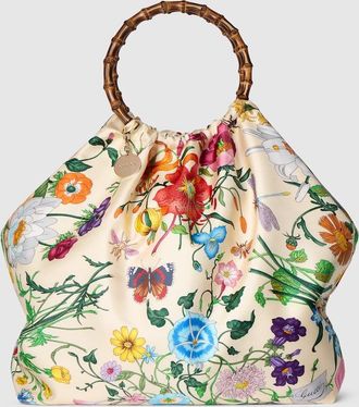 Gucci Silk Maxi Tote Bag With Bamboo Handle, White, Fabric