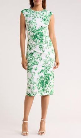 Vince Camuto Floral Pleated Scuba Knit Sheath Dress in Green/Ivory at Nordstrom Rack, Size 14
