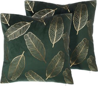 Beliani Beliani - Conjunto De Cojines Decorativos En Terciopelo Verde Con Patr&oacute;n De Hoja 45 X 45 Cm Accesorio De Casa Moderno L&aacute;mina Dorada Freesia