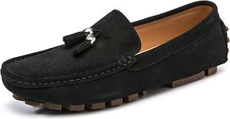 Generic Mens Loafers Shoe Genuine Leather Stitching Details Round Toe Tassel Suede Vamp Perforated Anti-Slip Flexible Flat Heel Prom Slip On(Black,5.5 UK)