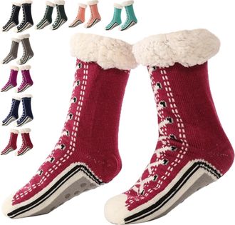 Generic Ultra-Thick Cute Slipper Home Socks, Women Winter Warm Non Slip Cozy Fuzzy Slipper Home Socks With Grippers (Burgundy)