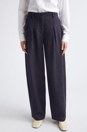 Lafayette 148 New York Wyatt Pleated Cotton & Linen Barrel Leg Pants in Navy at Nordstrom, Size 10