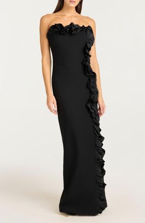 Cinq &agrave; Sept Kassia Ruffle Detail Mixed Media Strapless Gown in Black at Nordstrom, Size 6
