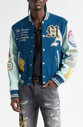 Amiri Varsity Patch Wool Blend & Leather Jacket in Blue at Nordstrom, Size Xxx-Large