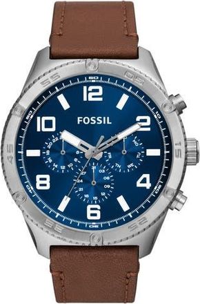 Fossil Brox Multifunction Leather Strap Watch, 50mm in Silver at Nordstrom Rack
