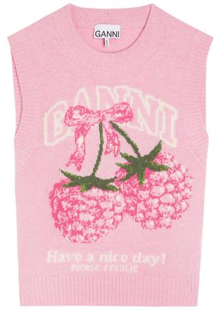 Ganni Logo-intarsia Wool-blend Vest - Pink - M (UK12 / M)