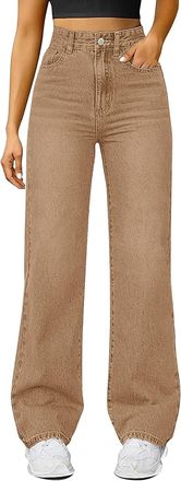 Generic Womens Stretch Denim Jeans Elasticated High Waist Wide Leg Trousers Straight Leg Baggy Pull On Bootcut Flare Casual Streetwear with Pockets Khaki