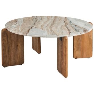 Beliani Mesa De Centro Moderna Tablero De M&aacute;rmol Patas De Madera De Mango Marr&oacute;n Redonda 80 Cm Sala De Estar Beige Luno