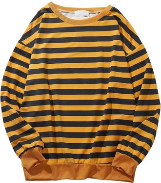 Generic Mens Sweatshirts Stripe Printed Pullover Long Sleeve Shirts Gym Tops Rib Sleeved Crew Neck Sweatshirt Mens Jumper Fashion Loose Fit Lightweight Casual