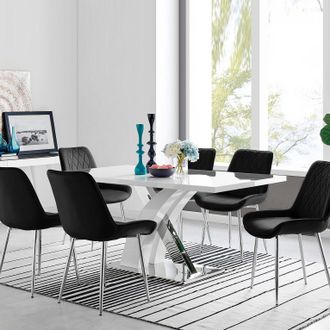 Furniturebox Atlanta 6 White Dining Table & 6 Pesaro Silver Leg Chairs in Black