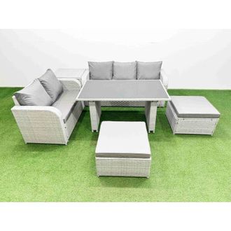 Fimous Fimous Garden Furniture Set PE Ratten Garden Sofa Set with Rectangular Dining Table 2 Big Stool Side Table Light Grey