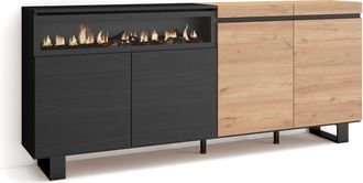 Skraut Home Aparadores Para Sal&oacute;n, Gran Capacidad De Almacenaje, 200x87x35cm, 4 Puertas, Chimenea El&eacute;ctrica, Dise&ntilde;o Industrial, Estilo Moderno, Roble Y Negro - Sk