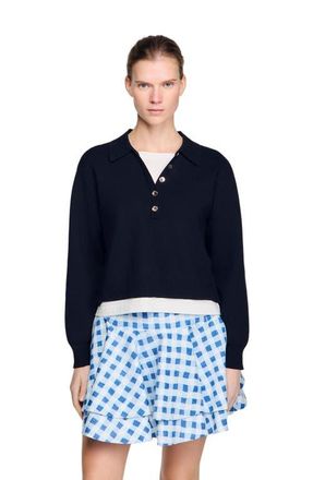 Sandro Metal button layered collar sweater in Navy Blue at Nordstrom, Size X-Large