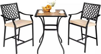 Costway 3 Pieces Patio Bar Set Bar Height Outdoor Bistro Set W/ 2 Upholstered Bar Stools