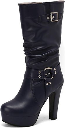 Generic Womens Chunky High Heel Platform Boots Pull on Slouchy Long Boots Round Toe PU Leather Mid-Calf Boot with Buckle,Navy Blue,10.5 UK