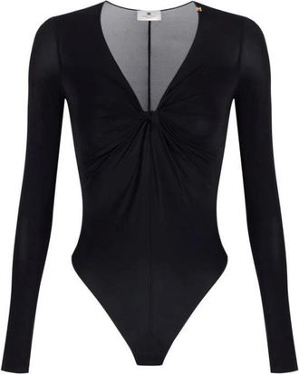 Elisabetta Franchi Tops, Dames, Zwart, 2Xl, Cr&ecirc;pe Jersey Bodysuit met Drapages