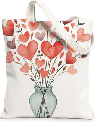 Generic Valentines Day Floral Canvas Tote Bags, Heart Pattern Reusable Grocery Bags, Lightweight Washable Shoulder Strap Canvas for Shopping Travel Beach Picn
