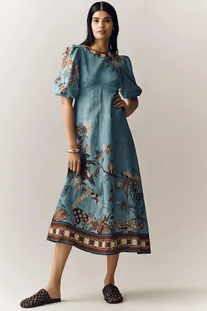 Alemais Georgie Puff Sleeve Linen Midi Dress