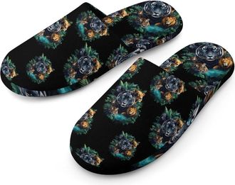 Generic Big Cats Tiger Leopard Lion Flannel Mens Slip-on Slippers Winter Warm House Shoes with Rubber Sole for Home Hotel